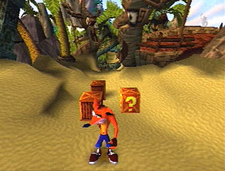 Crash Bandicoot standing among crates in a detailed PlayStation level