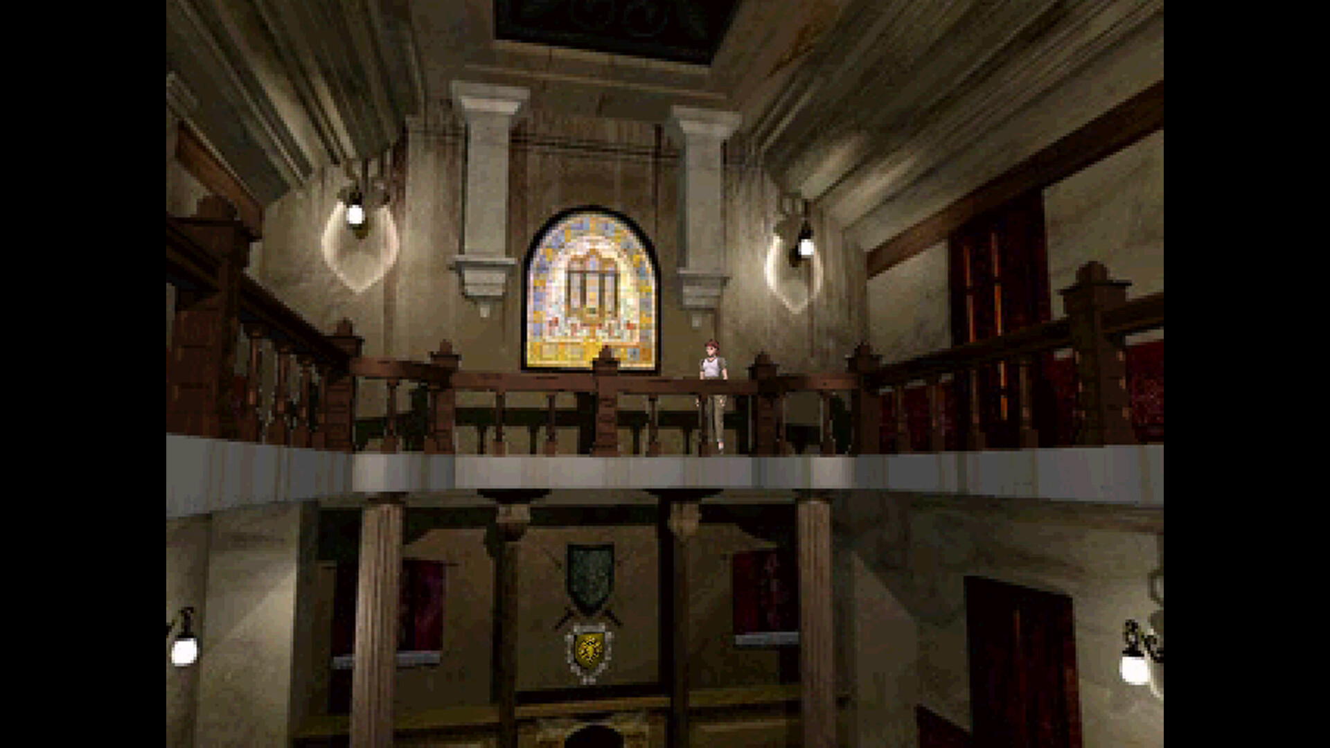 Resident Evil character viewed from a distant fixed camera in the detailed Spencer Mansion